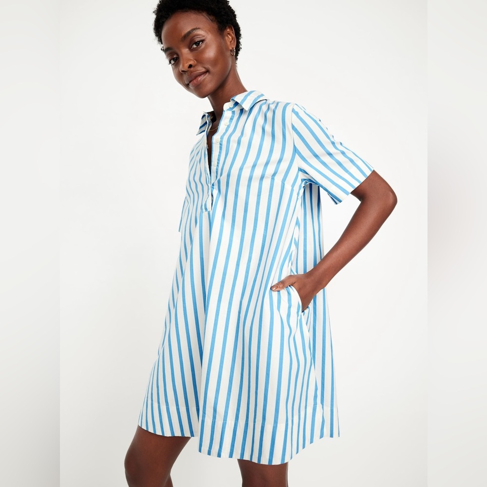 Old Navy Mini Swing Shirt Dress XXL Sky Blue White Nautical Stripes Cotton